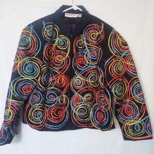ANAGE‎ Black Cotton Jacket Women's L Colorful Swirl Beaded Embroidery Full Zip